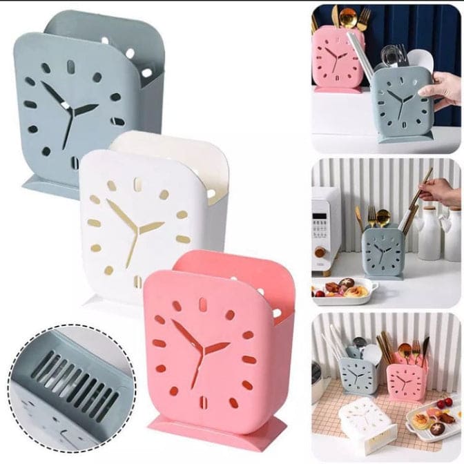 Clock Plastic Cutlery Holder, Storage Rack For Chopstick Fork Spoon Spatula, Countertop Organizer, Kitchen Gadgets With Drain Design, Plastic Knife Holder Clock Plastic Cutlery Holder, Storage Rack For Chopstick Fork Spoon Spatula, Countertop Organizer, Kitchen Gadgets With Drain Design, Plastic Knife Holder